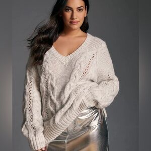 Anthropologie V-Neck Drama Metallic Cable Tunic Sweater